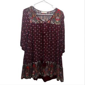 Entro By Anthropologie Boho Tiered Ruffle Mini Dress Size S Red Wine Mix Pattern